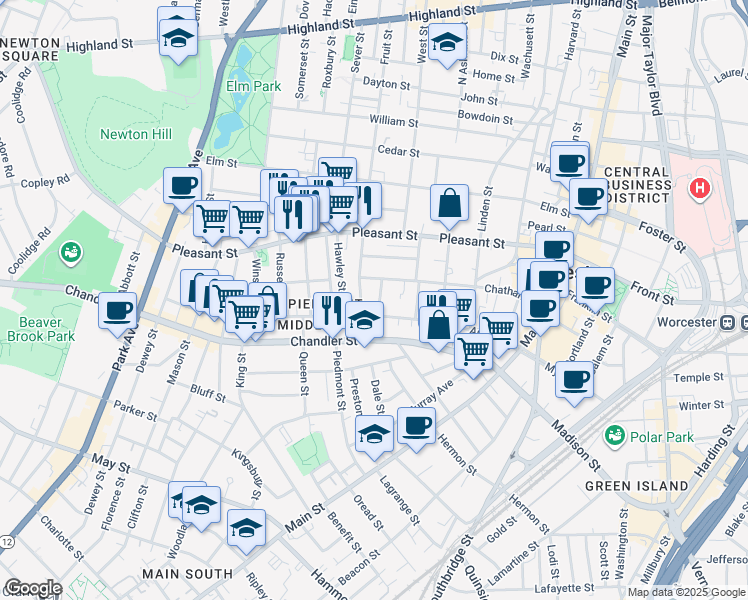 map of restaurants, bars, coffee shops, grocery stores, and more near 99 Chatham Street in Worcester
