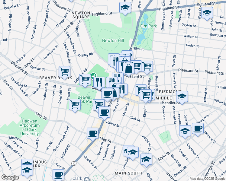 map of restaurants, bars, coffee shops, grocery stores, and more near 40 Abbott Street in Worcester