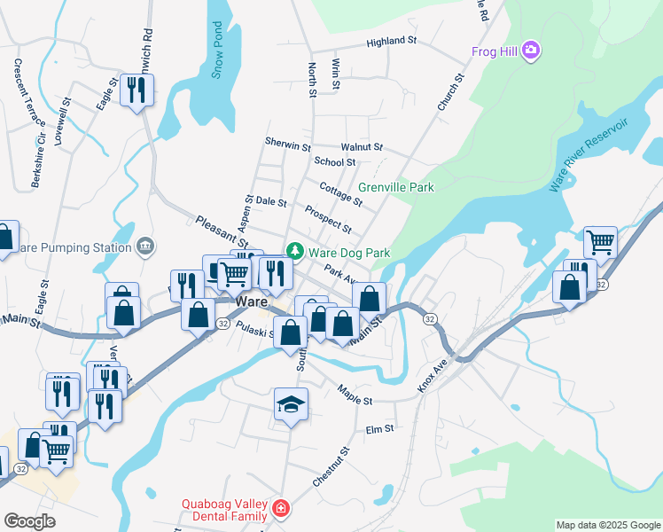 map of restaurants, bars, coffee shops, grocery stores, and more near 7 High Street in Ware