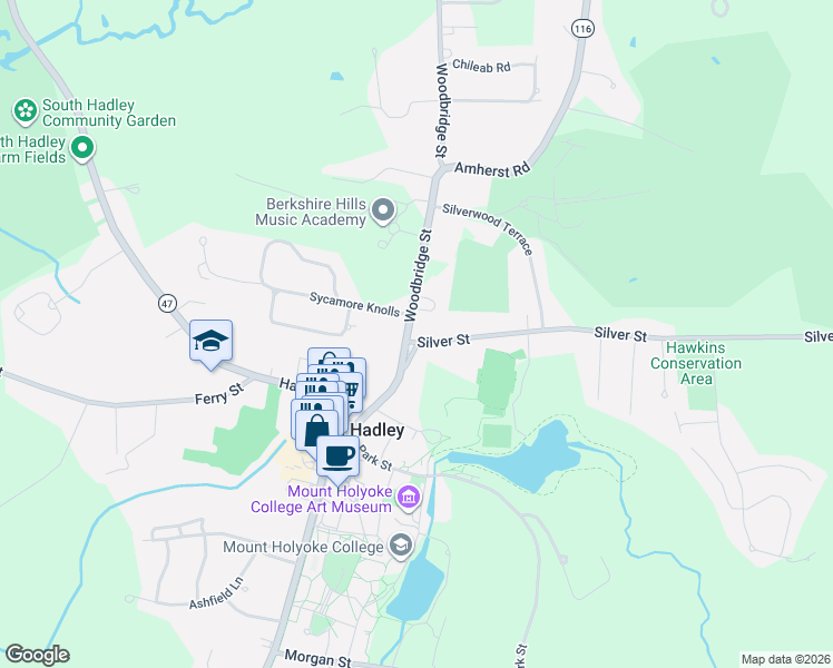 map of restaurants, bars, coffee shops, grocery stores, and more near 32 Woodbridge Street in South Hadley