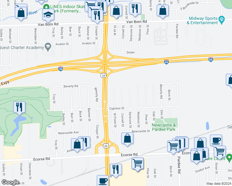 map of restaurants, bars, coffee shops, grocery stores, and more near 6430 West Point Street in Taylor