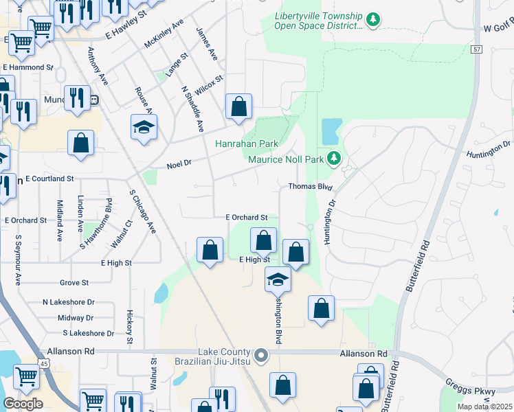 map of restaurants, bars, coffee shops, grocery stores, and more near 51 Gifford Court in Mundelein