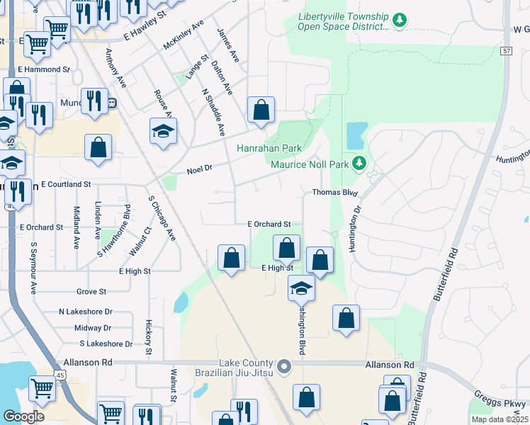 map of restaurants, bars, coffee shops, grocery stores, and more near 51 Gifford Court in Mundelein