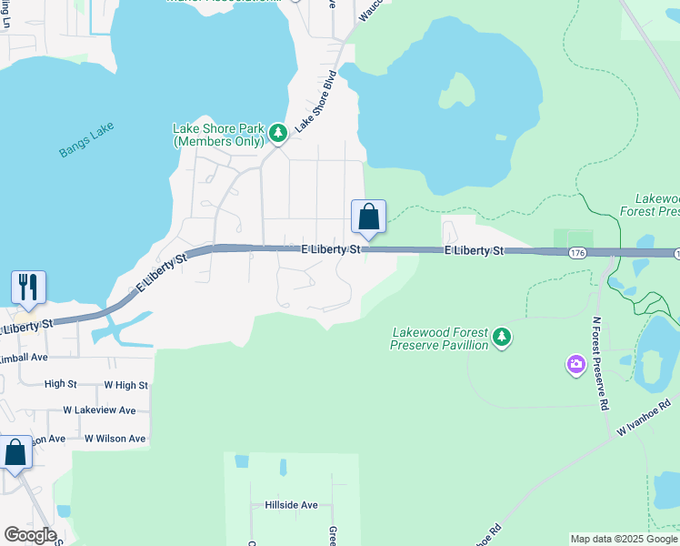map of restaurants, bars, coffee shops, grocery stores, and more near 25027 Illinois 176 in Wauconda