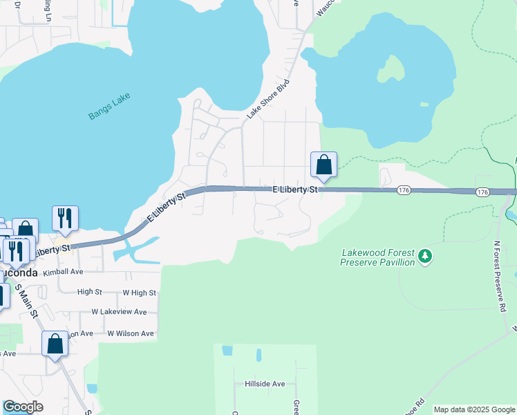 map of restaurants, bars, coffee shops, grocery stores, and more near 215 Brett Circle in Wauconda