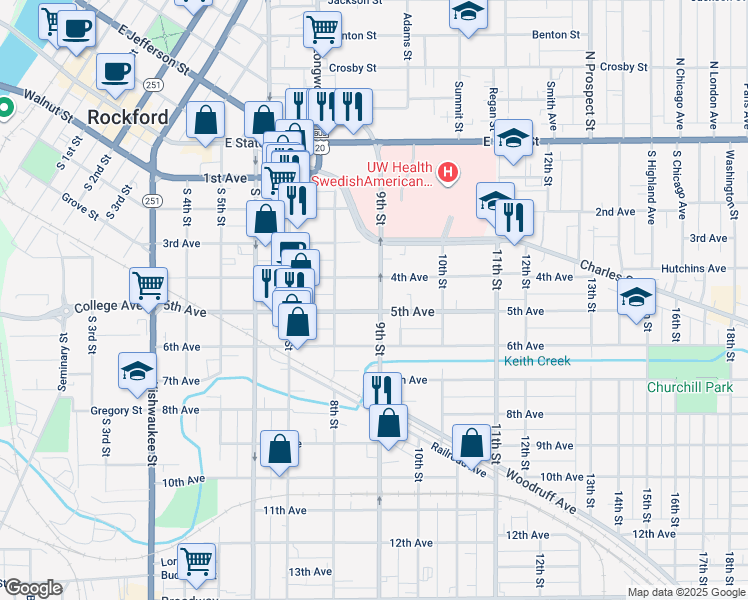 map of restaurants, bars, coffee shops, grocery stores, and more near 1233 4th Avenue in Rockford