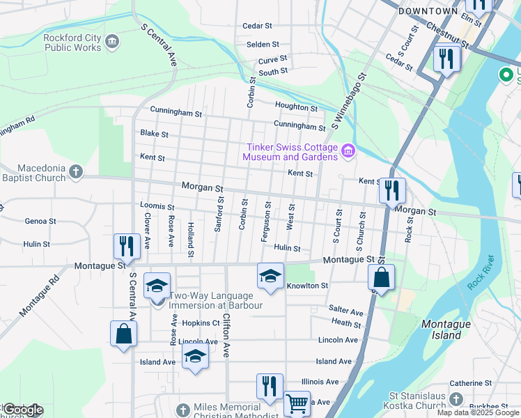map of restaurants, bars, coffee shops, grocery stores, and more near 1102 Ferguson Street in Rockford
