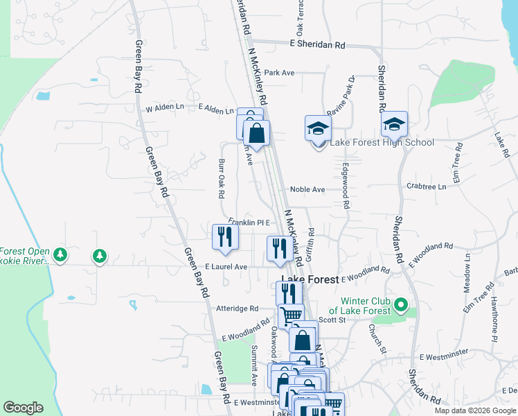 map of restaurants, bars, coffee shops, grocery stores, and more near 1230 North Western Avenue in Lake Forest