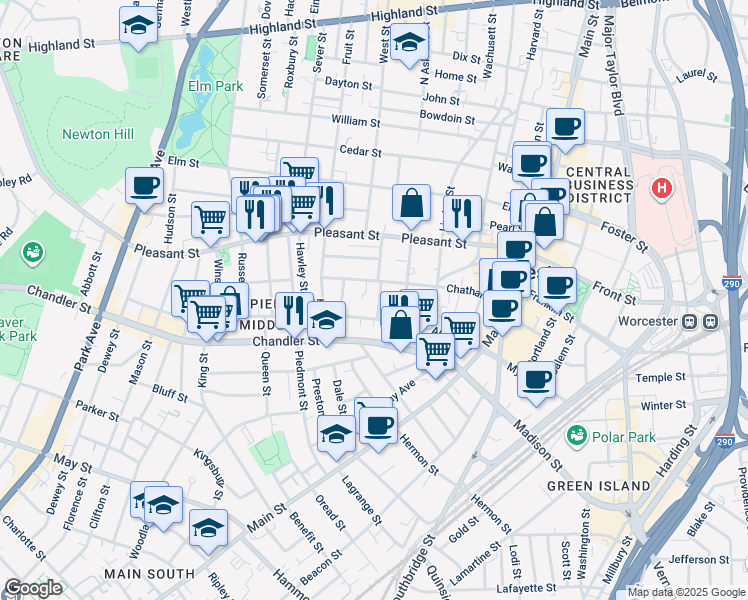 map of restaurants, bars, coffee shops, grocery stores, and more near 24 Crown Street in Worcester