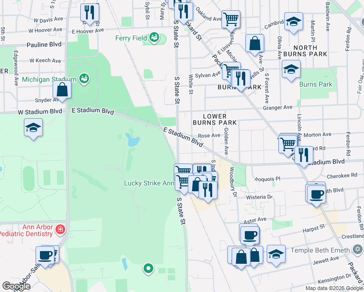 map of restaurants, bars, coffee shops, grocery stores, and more near 1520 South State Street in Ann Arbor