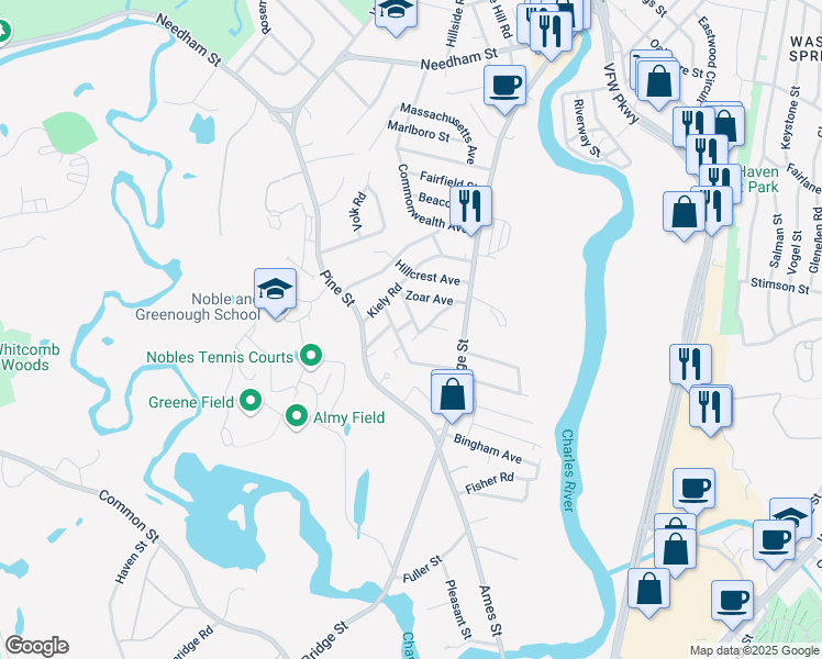 map of restaurants, bars, coffee shops, grocery stores, and more near 35 Moreland Avenue in Dedham