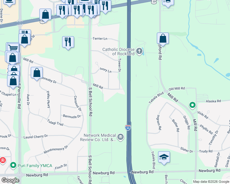 map of restaurants, bars, coffee shops, grocery stores, and more near 7686 Mill Road in Rockford