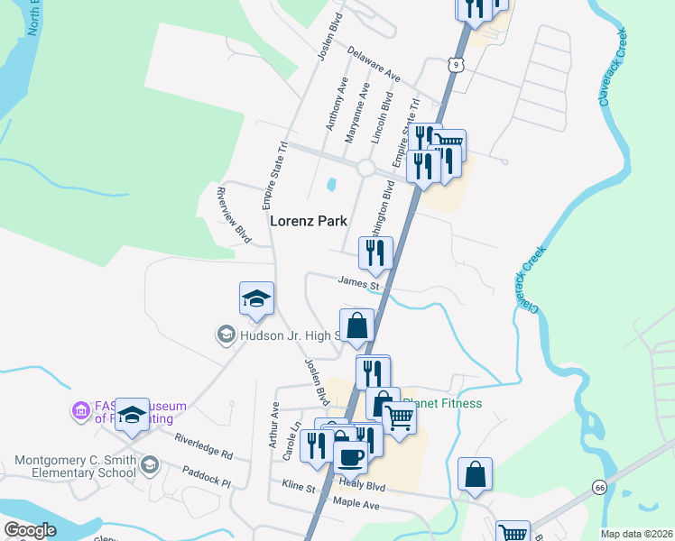 map of restaurants, bars, coffee shops, grocery stores, and more near 31 Virginia Avenue in Hudson