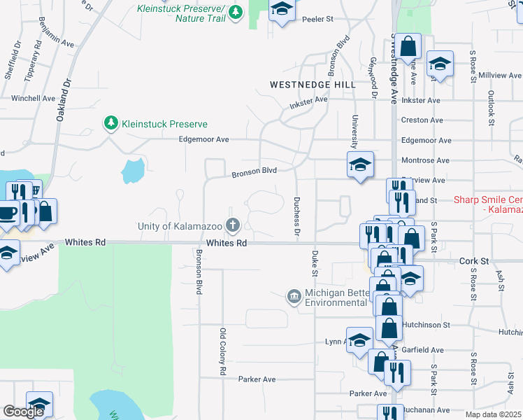 map of restaurants, bars, coffee shops, grocery stores, and more near 1011 Essex Circle in Kalamazoo