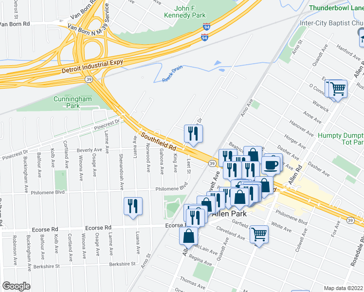 map of restaurants, bars, coffee shops, grocery stores, and more near 16500 Southfield Rd in Allen Park