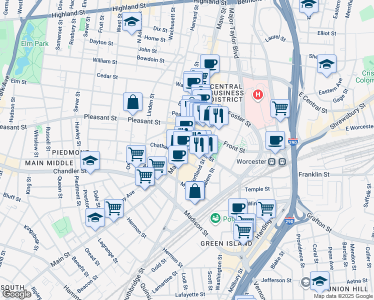 map of restaurants, bars, coffee shops, grocery stores, and more near 507 Main Street in Worcester