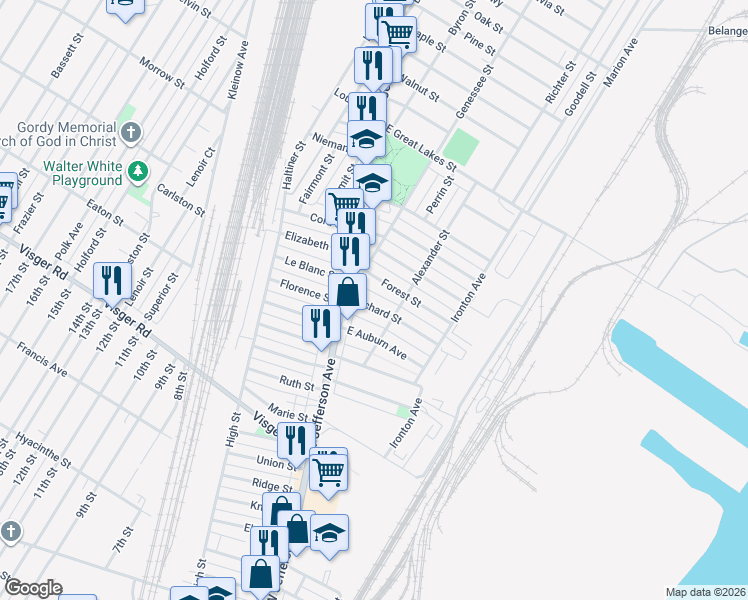 map of restaurants, bars, coffee shops, grocery stores, and more near 26 Forest Street in River Rouge