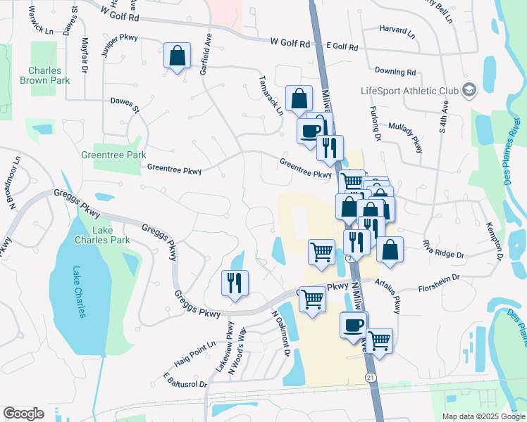 map of restaurants, bars, coffee shops, grocery stores, and more near 1953 Crenshaw Circle in Vernon Hills