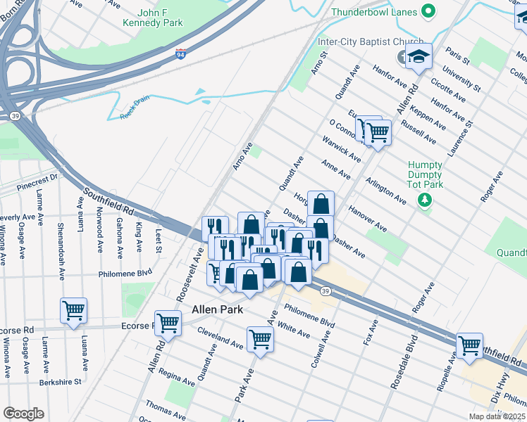 map of restaurants, bars, coffee shops, grocery stores, and more near 15806 Meyer in Allen Park