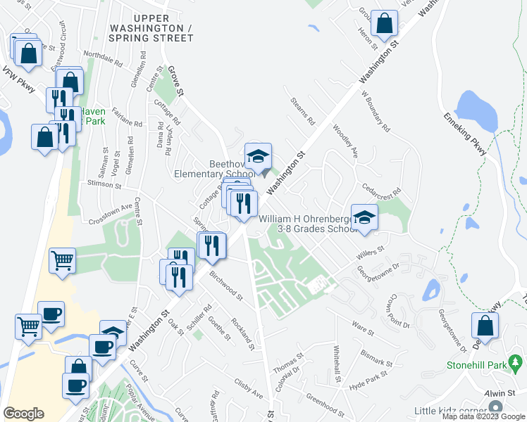 map of restaurants, bars, coffee shops, grocery stores, and more near 5164 Washington Street in Boston