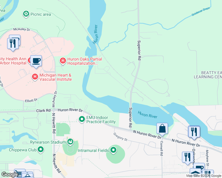 map of restaurants, bars, coffee shops, grocery stores, and more near 6140 First Street in Superior Charter Township