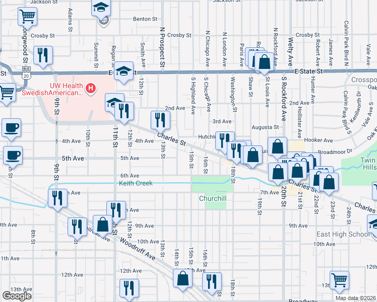 map of restaurants, bars, coffee shops, grocery stores, and more near 1822 Charles Street in Rockford