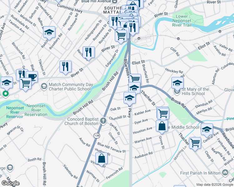 map of restaurants, bars, coffee shops, grocery stores, and more near 74 Blue Hill Avenue in Milton