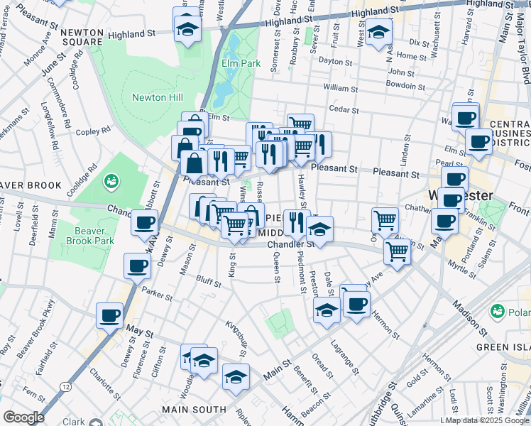 map of restaurants, bars, coffee shops, grocery stores, and more near in Worcester