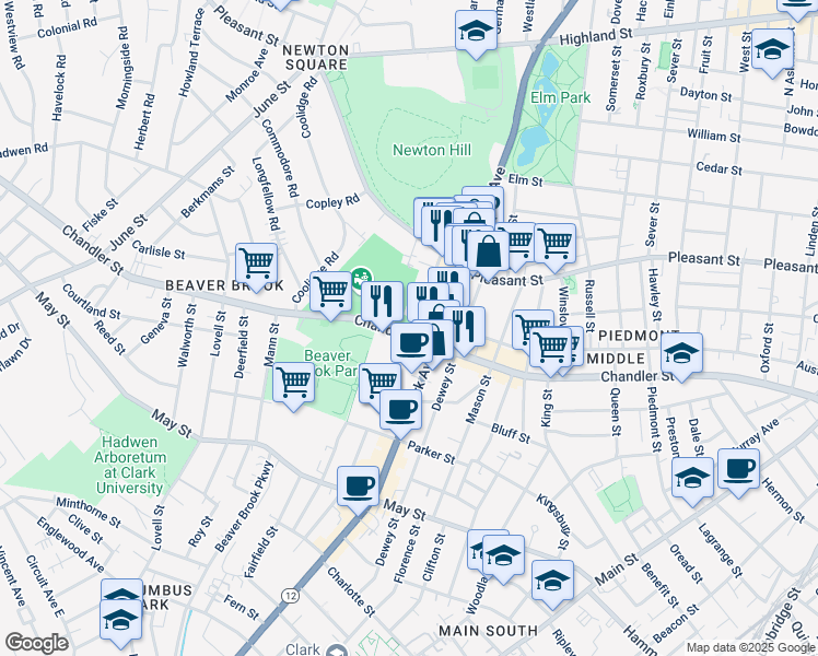 map of restaurants, bars, coffee shops, grocery stores, and more near 40 Abbott Street in Worcester