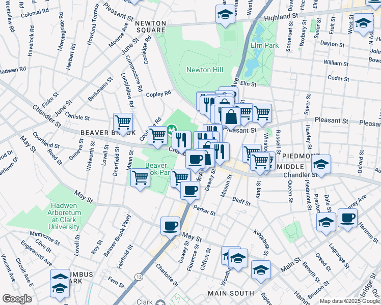 map of restaurants, bars, coffee shops, grocery stores, and more near 40 Abbott Street in Worcester