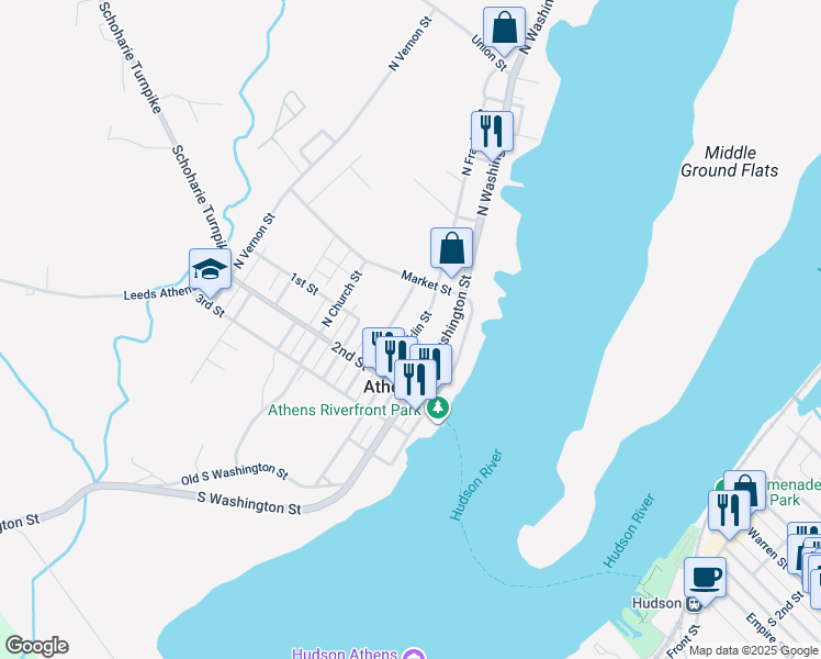map of restaurants, bars, coffee shops, grocery stores, and more near 25 North Warren Street in Athens