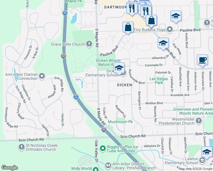 map of restaurants, bars, coffee shops, grocery stores, and more near 1443 Dicken Drive in Ann Arbor