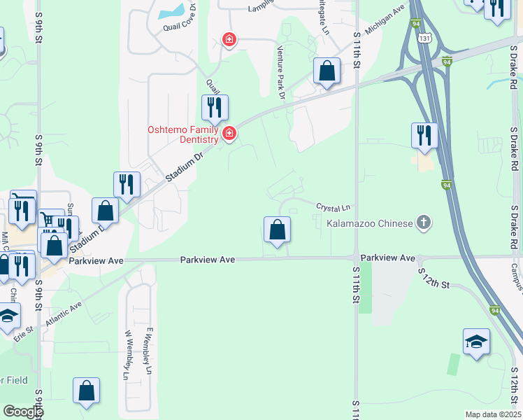 map of restaurants, bars, coffee shops, grocery stores, and more near 3081 Crystal Lane in Kalamazoo