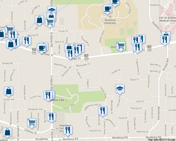 map of restaurants, bars, coffee shops, grocery stores, and more near 4873 Manhattan Drive in Rockford