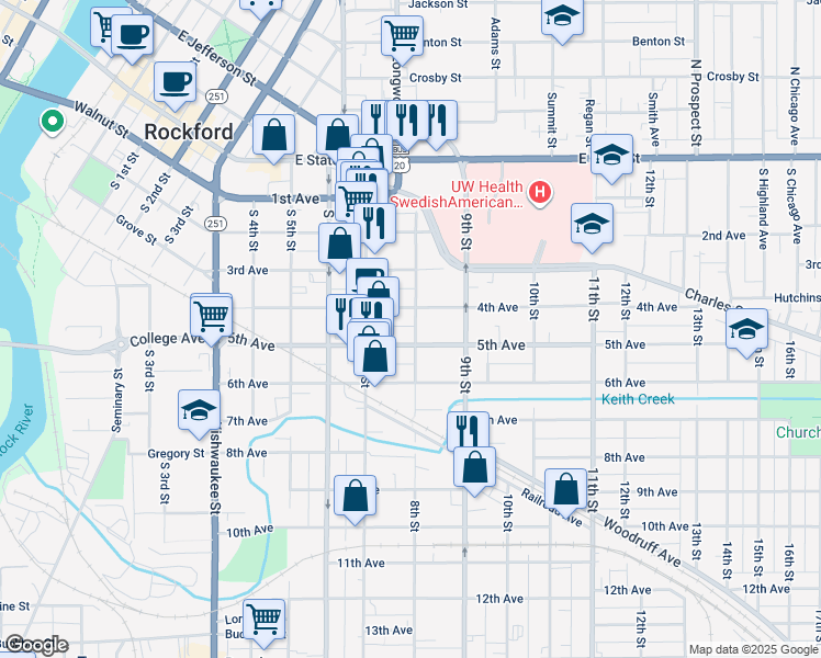 map of restaurants, bars, coffee shops, grocery stores, and more near 1137 4th Avenue in Rockford