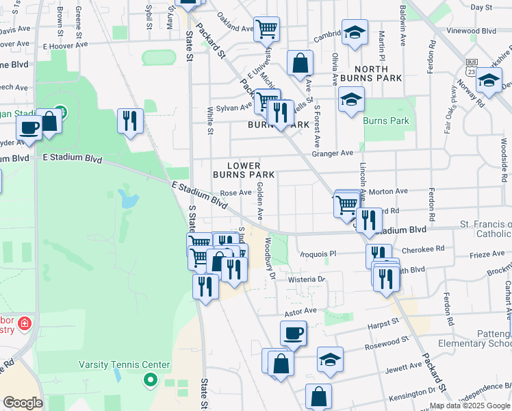 map of restaurants, bars, coffee shops, grocery stores, and more near 1514 Golden Avenue in Ann Arbor