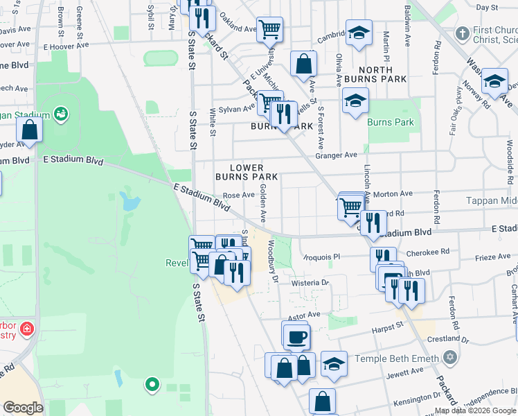 map of restaurants, bars, coffee shops, grocery stores, and more near 1514 Golden Avenue in Ann Arbor