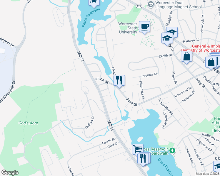 map of restaurants, bars, coffee shops, grocery stores, and more near 383 June Street in Worcester