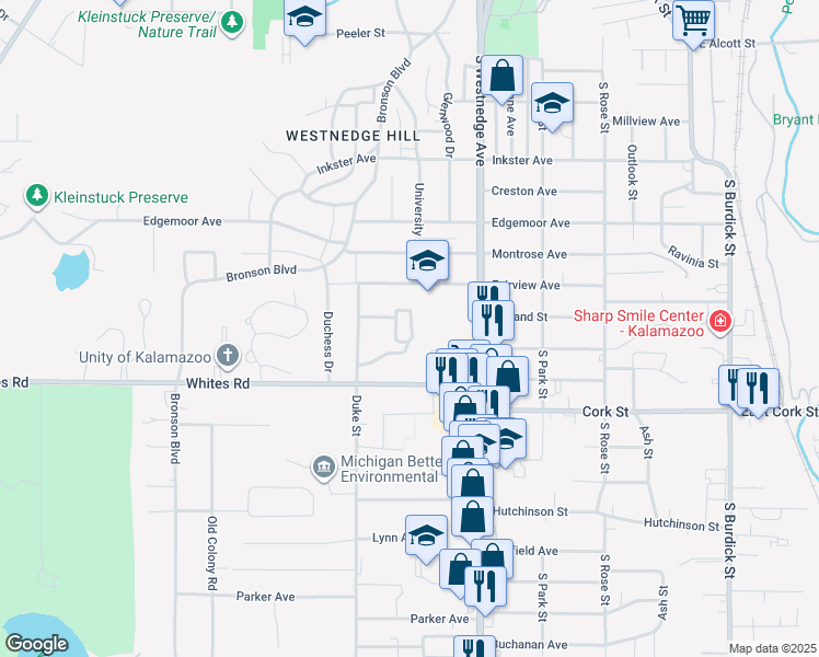 map of restaurants, bars, coffee shops, grocery stores, and more near 722 Garland Circle in Kalamazoo