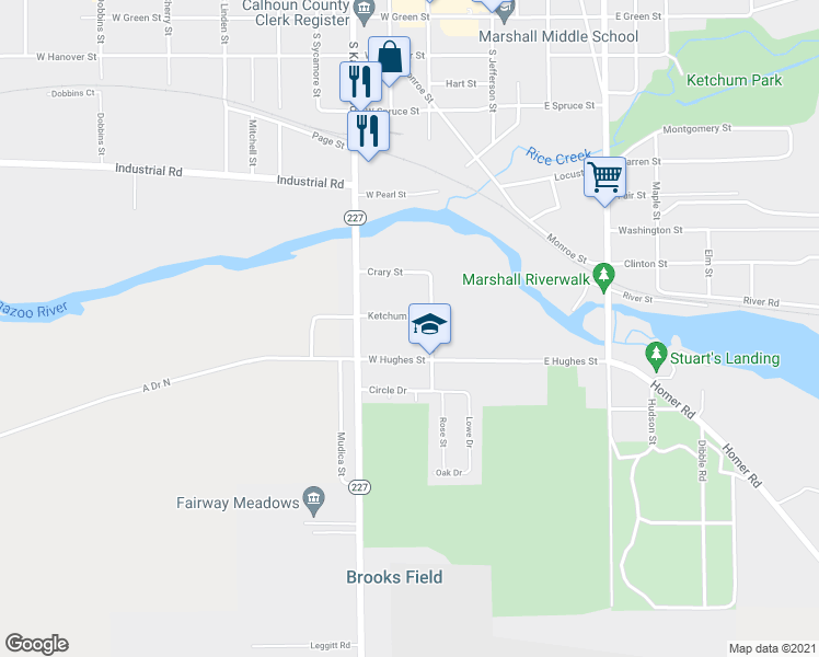 map of restaurants, bars, coffee shops, grocery stores, and more near 211 Ketchum Street in Marshall