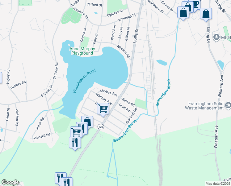 map of restaurants, bars, coffee shops, grocery stores, and more near 17 McAlee Avenue in Framingham