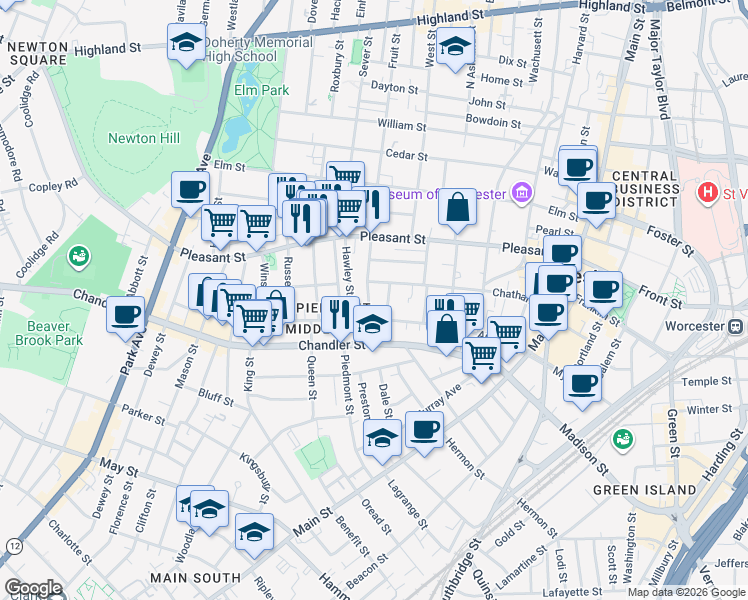map of restaurants, bars, coffee shops, grocery stores, and more near 29 Newbury Street in Worcester