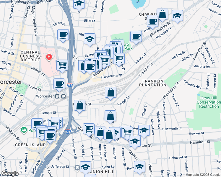 map of restaurants, bars, coffee shops, grocery stores, and more near 271 Franklin Street in Worcester