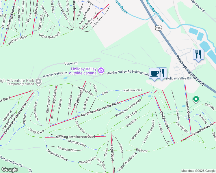 map of restaurants, bars, coffee shops, grocery stores, and more near 25 Valley Village Road in Ellicottville