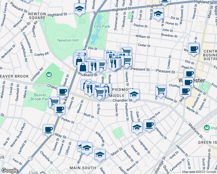 map of restaurants, bars, coffee shops, grocery stores, and more near 15 Russell Street in Worcester