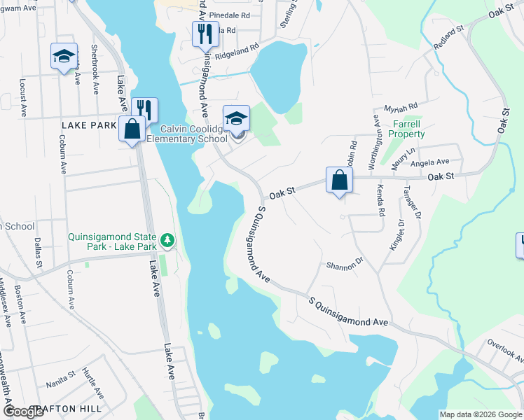 map of restaurants, bars, coffee shops, grocery stores, and more near 507 Oak Street in Shrewsbury