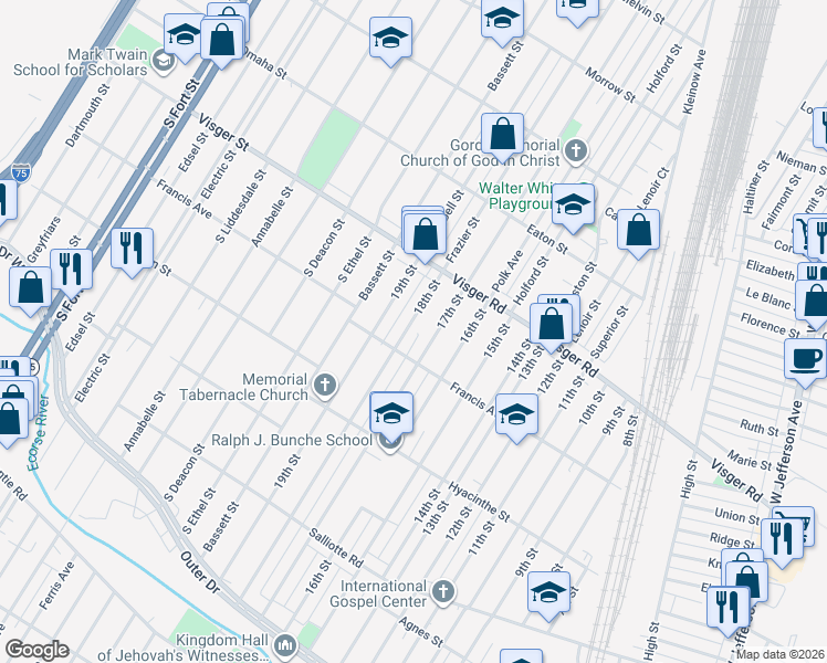 map of restaurants, bars, coffee shops, grocery stores, and more near 3779 18th Street in Ecorse