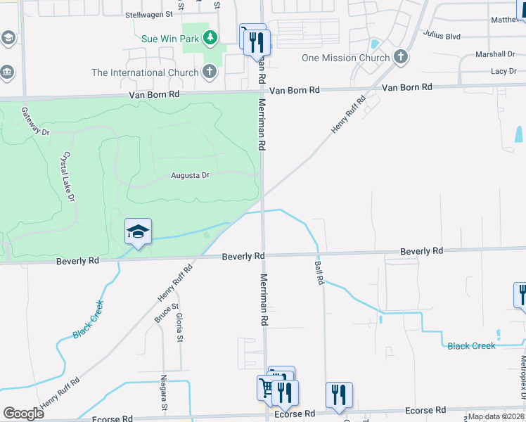 map of restaurants, bars, coffee shops, grocery stores, and more near 6279 Merriman Road in Romulus