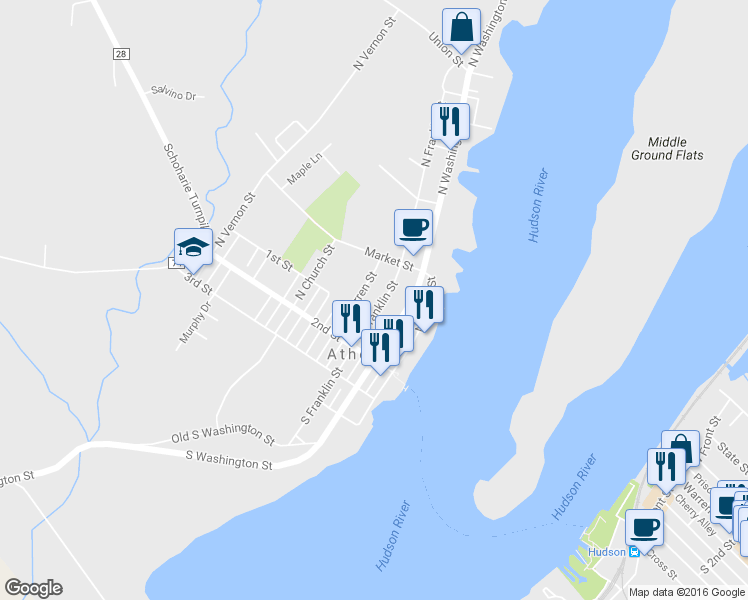 map of restaurants, bars, coffee shops, grocery stores, and more near 24 North Franklin Street in Athens