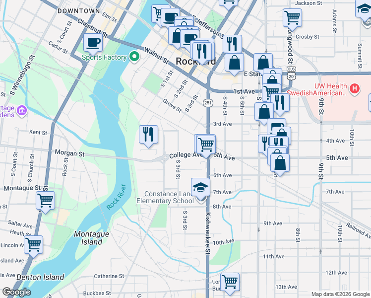 map of restaurants, bars, coffee shops, grocery stores, and more near 533 Division Street in Rockford